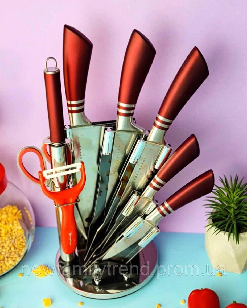 Набір кухонних ножів із підставкою 9 предметів Edenberg EB-913 Набір ножів із неіржавкої сталі на підставці, фото 1