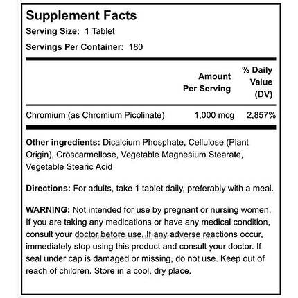 Піколінат хрому Piping Rock Chromium Picolinate 1000 мкг 180 таб., фото 3