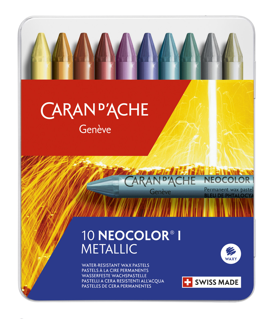 Пастель воскова водостійка Caran d'Ache Neocolor I металевий бокс, 10 кольорів Metallic 7004.310 (7610186239120), фото 1