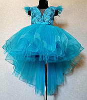 Детское нарядное платье удлиненное сзади голубое 116-134
