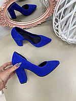 Эксклюзивные женские туфли замшевые электрик синие, на каблуке, натуральные. Женские замшевые туфли лодочки