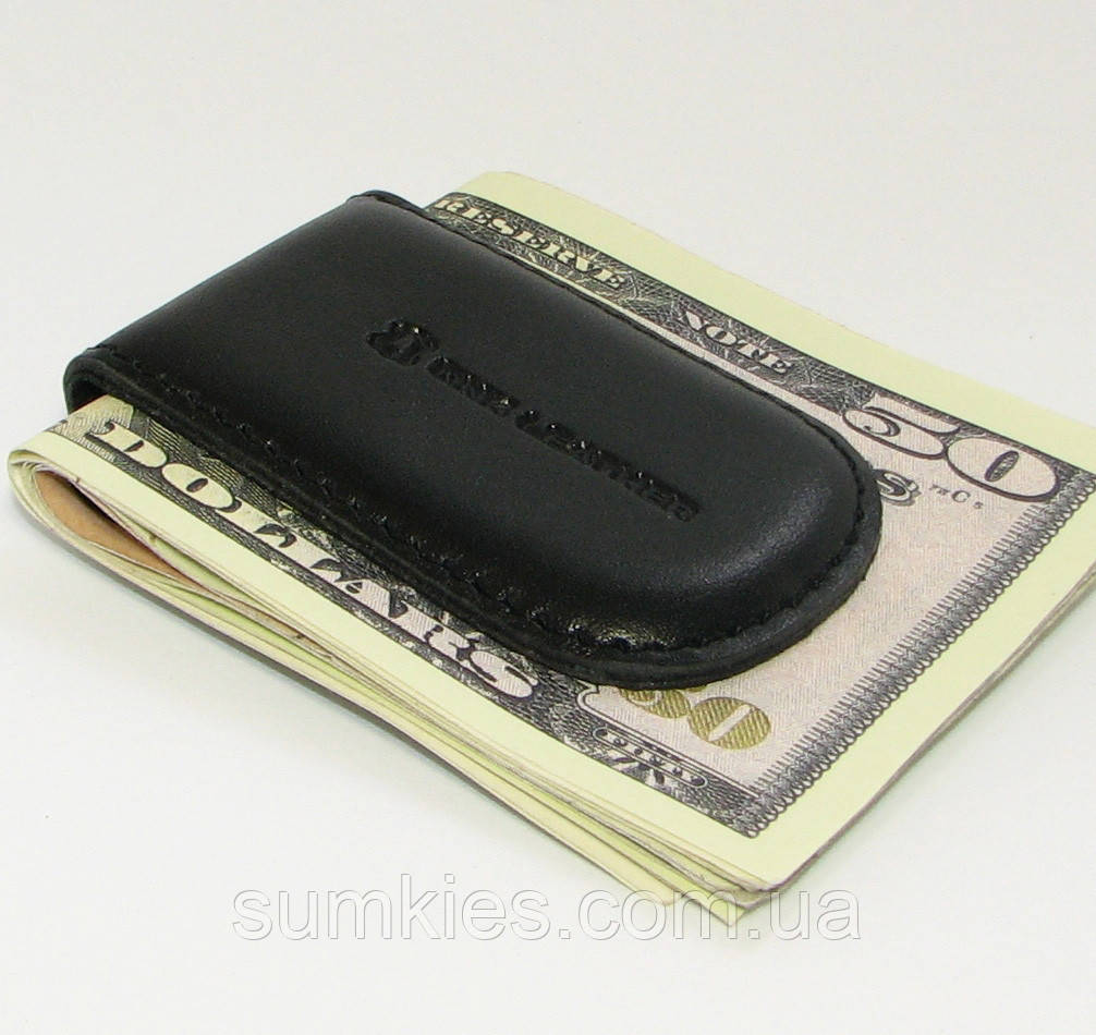 Затиск для грошей на магнітах Шкіряний гаманець Чорний