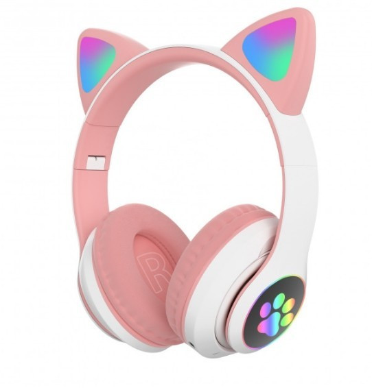 Беспроводные Bluetooth наушники светящиеся с кошачьими ушками Cat, розовые