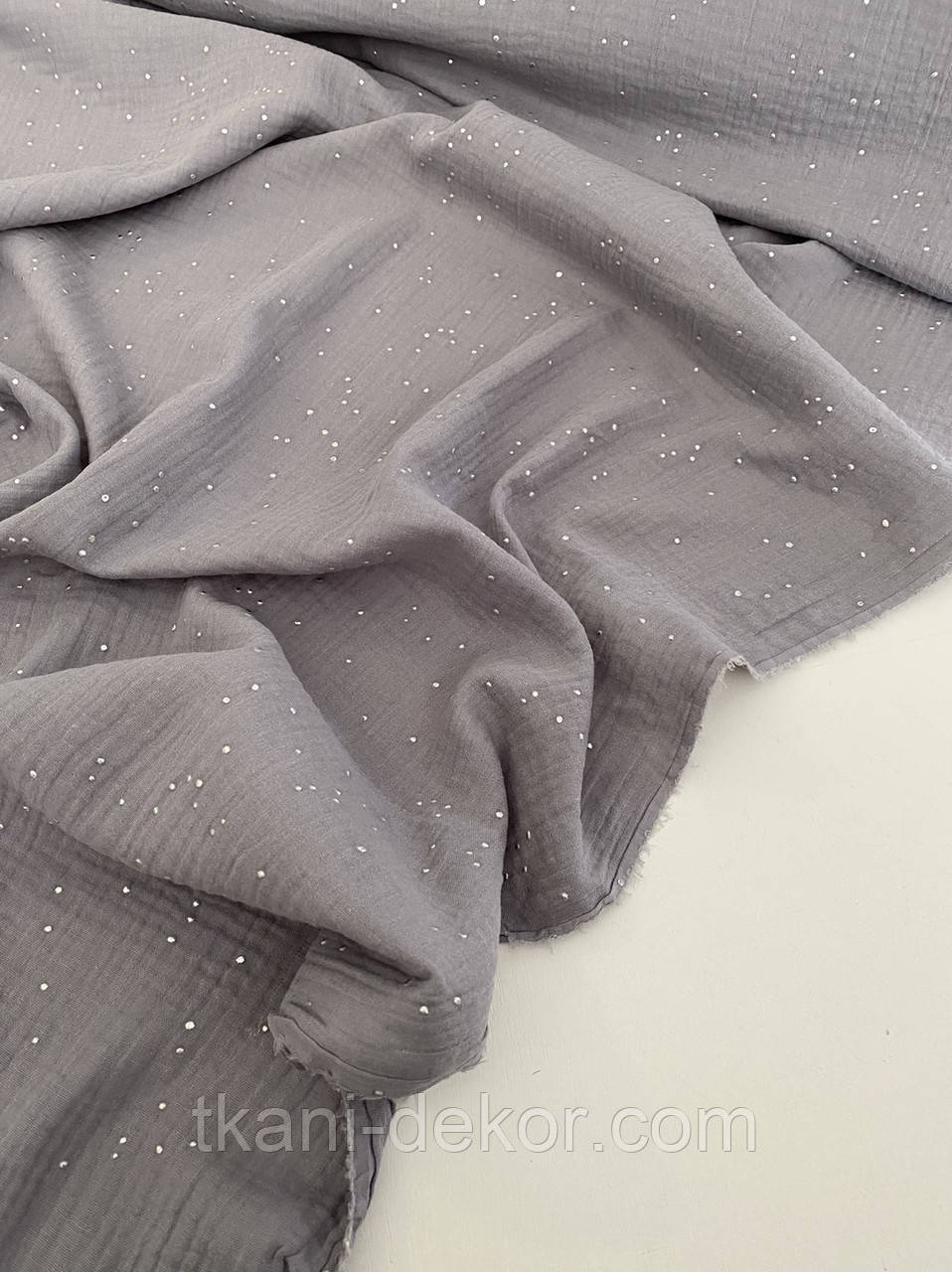 Муслін (бавовняна тканина) жатка Гліттер срібна точка на сірому (0,8*135), фото 1