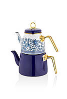 Чайник с заварником двойной турецкий для всех видов плит Paçi Elite Class 3 л эмалированный Синий цветочный принт