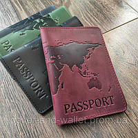 Бордовая кожаная обложка на паспорт с тиснением карта мира ST Leather