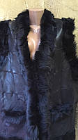 Безрукавка женская из кусочков натуральной кожи цвет черный обшит серым мехом размер 48-50
