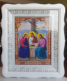 Аналойна ікона Свята Трійця у білому фігурному кіоті, що відкривається, розмір кіота 33*40, лік 21*28,  28 сюж
