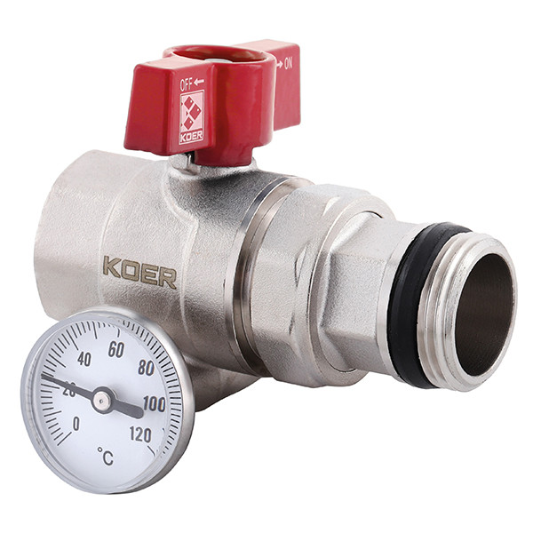 Кран Koer KR.1032-Gi - 1" з американкою "антипротечка" з термометром прямий 2 шт., фото 1