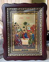 Аналойная икона Святая Троица Двунадесятые праздники в фигурном киоте, размер киота 32*42,лик 20*30, 24 сюжета