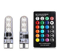 LED лампы с пультом + стробоскоп (мигалка). T10 W5W Габаритные светодиодные авто лампы лэд 12V 16 цветов