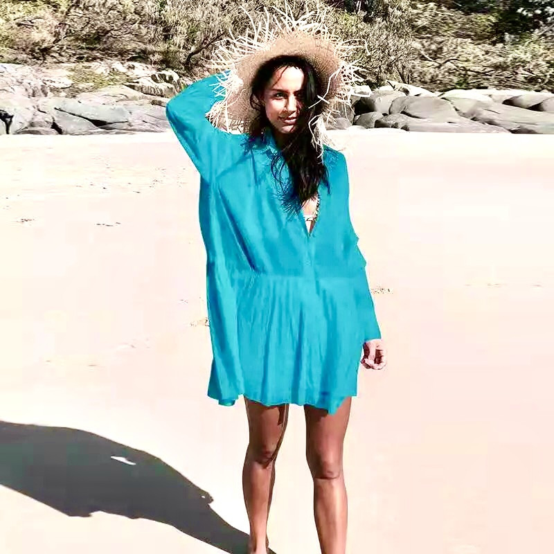 Жіноча пляжна туніка сорочка блакитного кольору, на гудзиках, фото 1