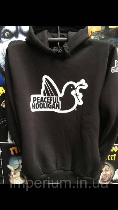 Худі з білим логотипом Peaceful Hooligan | чорна трикотажна толстовка
