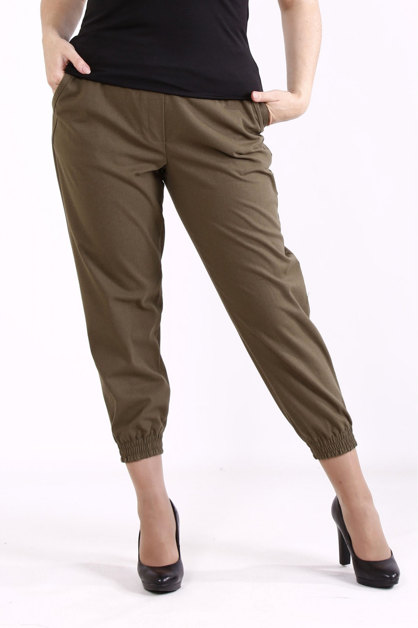 Хакі брюки з льону літні жіночі прогулянкові великого розміру 42-74. B095-3