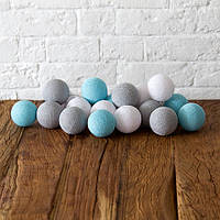 Гирлянда "Хлопковые шарики" (20 шариков 3,20см) голубой белый серый