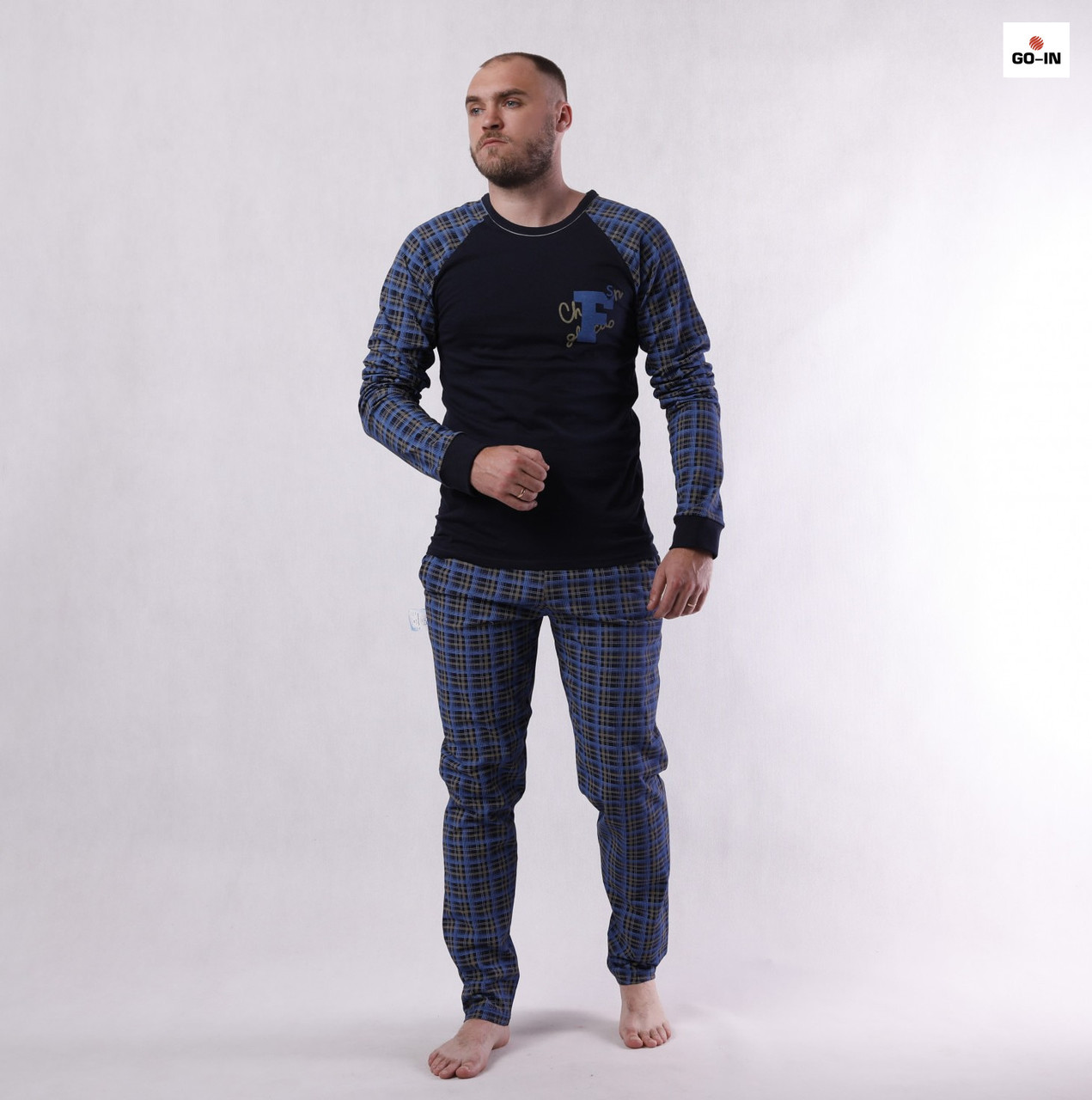 Чоловіча піжама в карту бавовняна синя кофта зі штанами літня 44-60р.