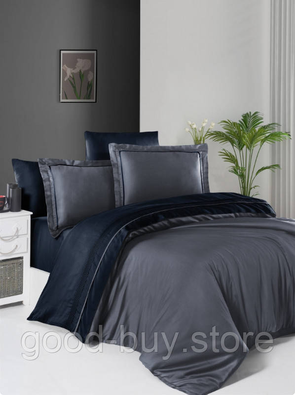 First choice Serenity Dark Grey & Navy Blue delux сатин постільна білизна євро 200х220