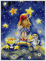 Набір для вишивання хрестиком "Дівчинка, яка рахує зірки" (з малюнком на канві), канва 32 x 41 см