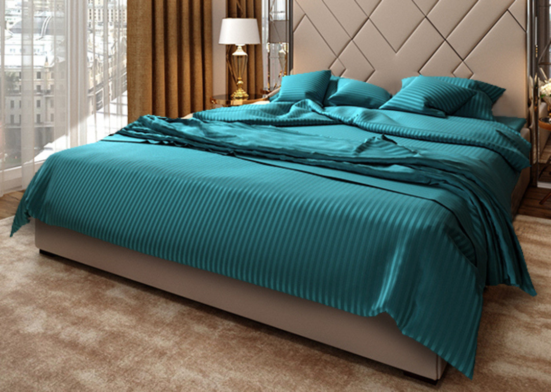 Двоспальна постільна білизна "Еліт" 180х220 бірюзовий страйп-сатин люкс (17346) бавовна 100%, фото 1