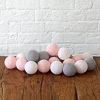 Гирлянда "Хлопковые шарики" (20 шариков 3,20см) белый серый розовый