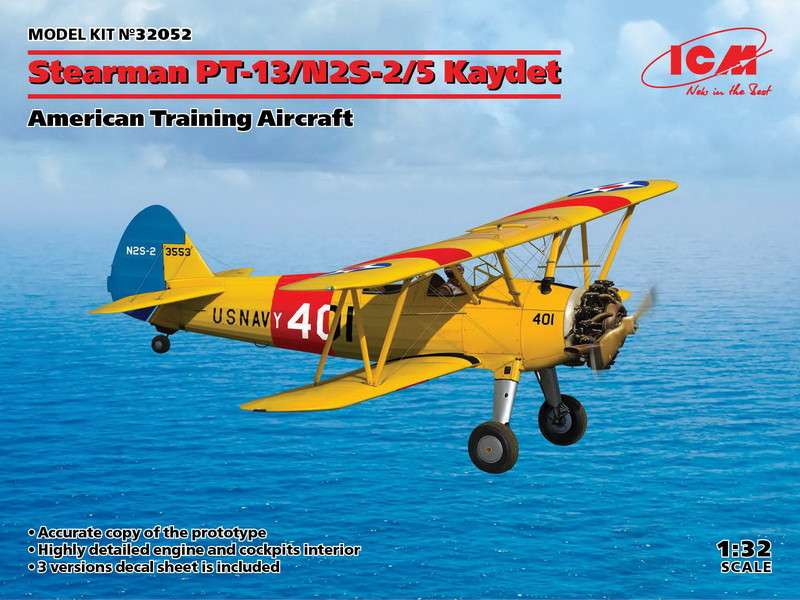 Пластикова модель 1/32 ICM 32052 американський навчальний літак Stearman PT-13/N2S-2/5 Kaydet, фото 1