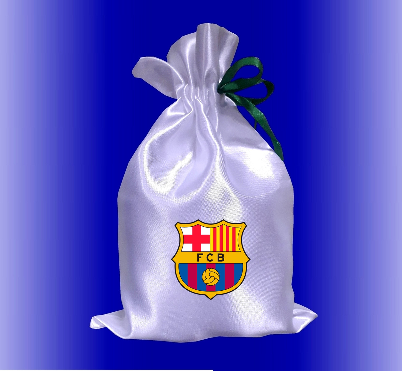 Мішечок для подарунка білий атласний з принтом ФК Барселона 17Х25 см / подарунковий мішечок з логотипом