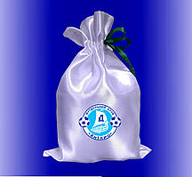 Мішечок для подарунка білий атласний з принтом ФК Дніпро 17Х25 см / подарунковий мішечок з логотипом