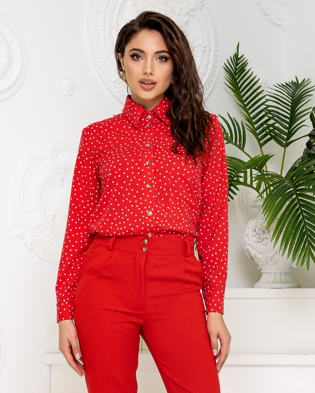 Нарядна блузка - сорочка арт. 600, принт червоний в білий горох