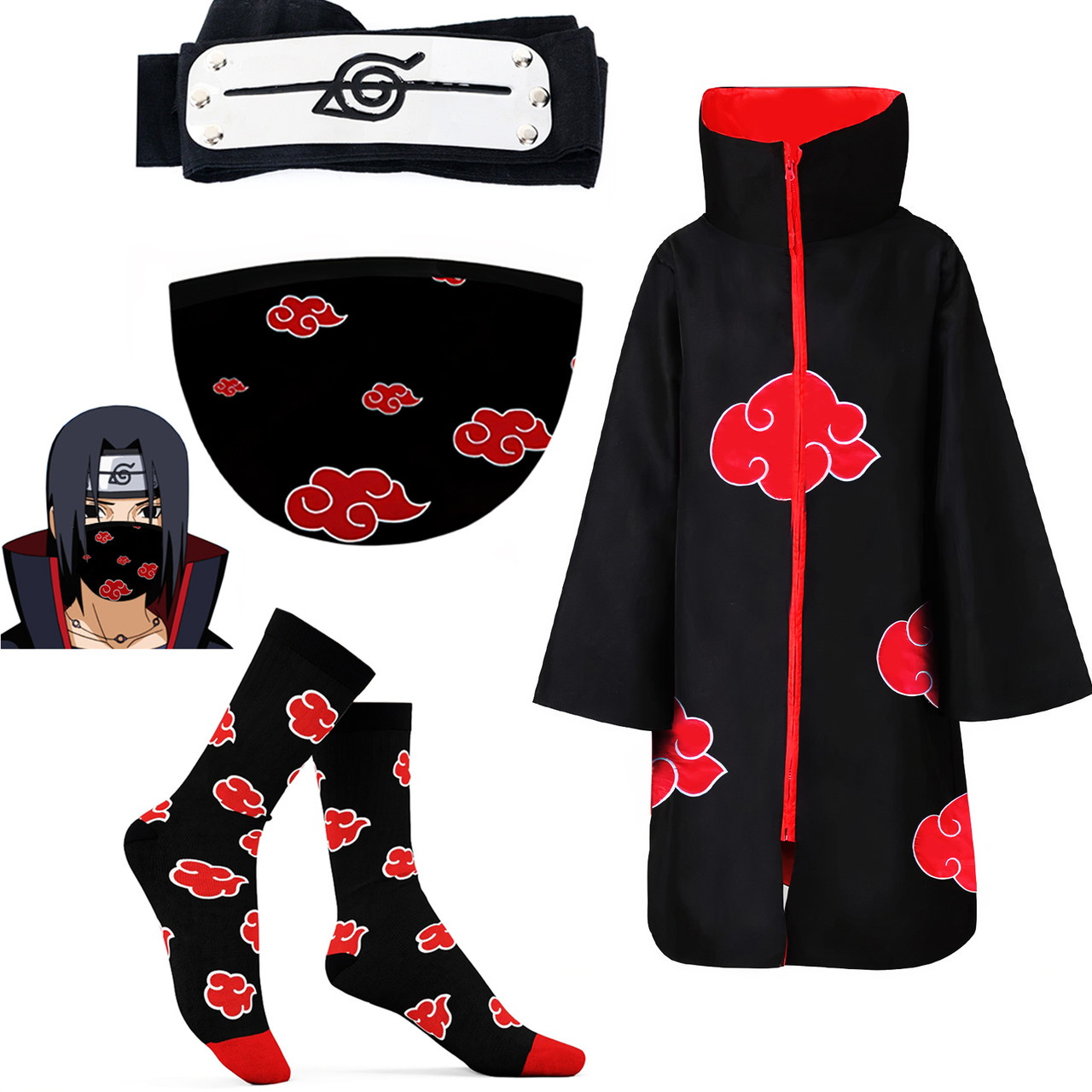 Набір Акацукі з аніме Наруто Naruto: Плащ Акацукі S + Пов'язка + Маска + Шкарпетки | Косплей Cosplay Akatsuki, фото 1