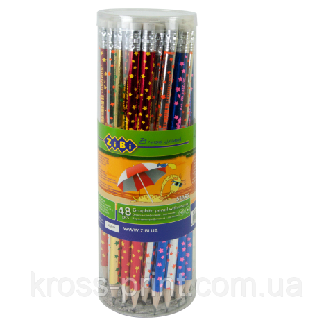 Олівець графітовий STARS, HB, з гумкою, 48 шт. у тубі, KIDS Line