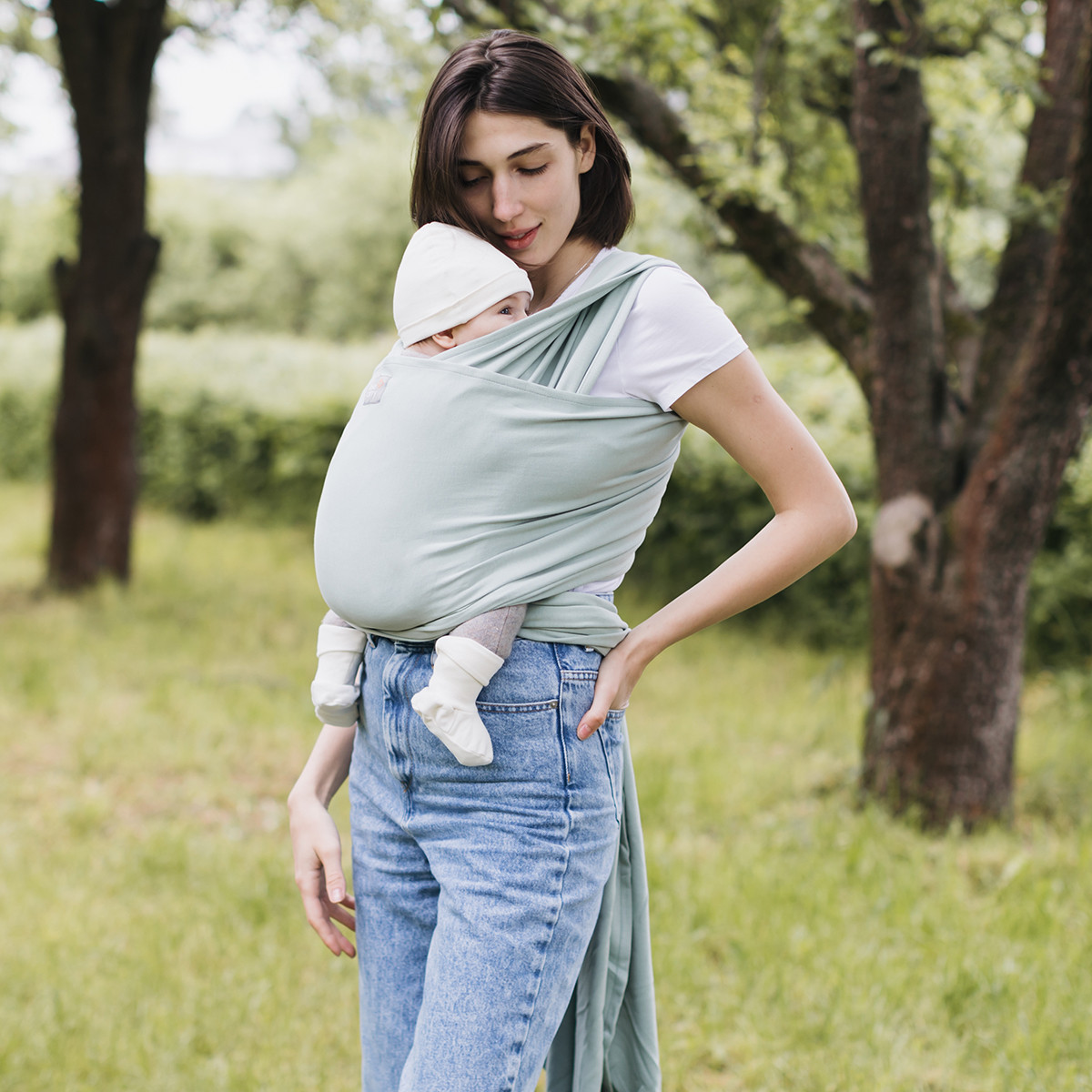 Слінг-шарф трикотажний Organic Love & Carry для новонароджених Переноска для дітей Фісташка Троянда Мігдаль