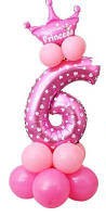 Фольгированый шар цифра 6 розовый с подставкой и короной