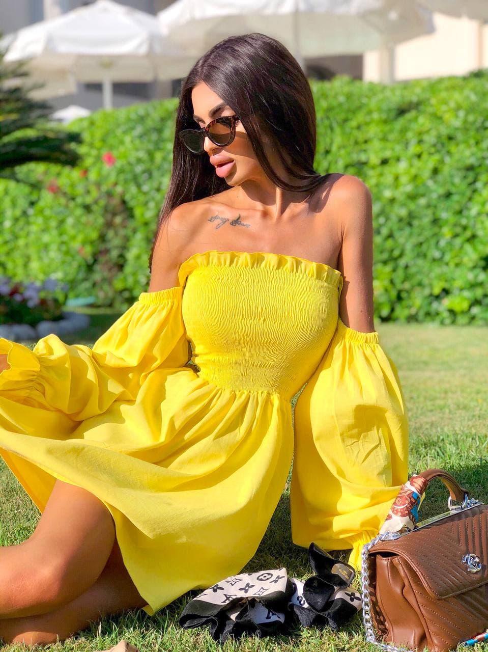 Стильне жовте лляне плаття на плечі з пишними рукавами Yellow