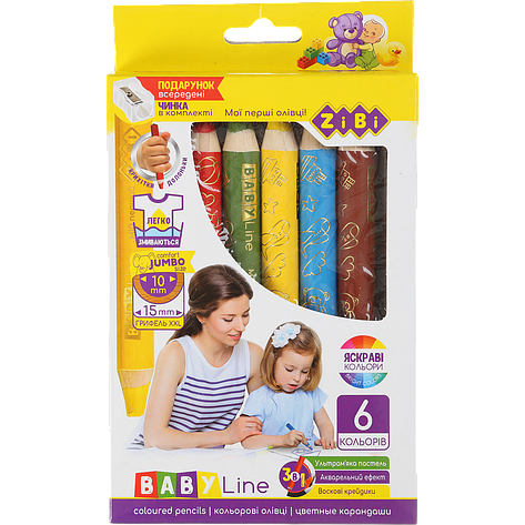 Олівці кольорові 3 в 1 SUPER JUMBO з точилкою 6 кол BABY Line, фото 1