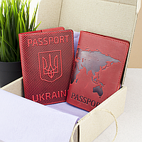 Подарочный набор №35: обложка на паспорт "Герб" + обложка на загранпаспорт "Карта" (красный)