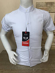 Біла дитяча стрейчева сорочка з коротким рукавом -стійка 7-12