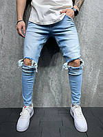 Весенние мужские рваные джинсы скинни голубого цвета 31, 32, 33