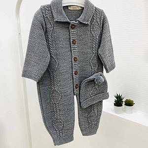 В'язаний комбінезон демісезонний темно-сірий Розмір 0-3 м (56 см), 3-6 м (62 см), 6-9 м (68 см)