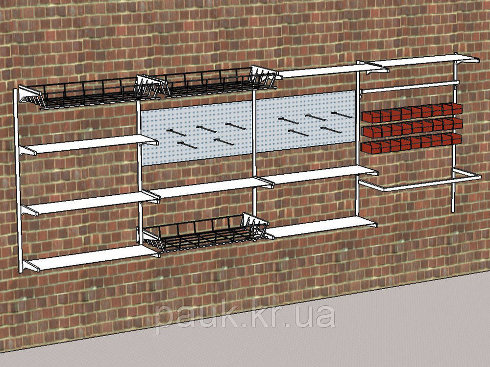 Стелаж настінний Н1450х950 мм ТИП 10(МЯ), стелажі з полицями і контейнерами, система стелажів для зберігання, стелаж на стіну, фото 1