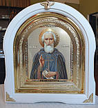 Ікона Святого Преподобного Сергія Радонезького в білому арочному кіоті під склом, розмір кіота 28*25, сюжет 15*18., фото 3