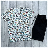 Мужской летний комплект разноцветная футболка + черные шорты (много цветов)