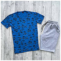 Мужской летний комплект синяя футболка + серые шорты (много цветов)