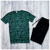 Мужской летний комплект зелёная футболка + черные шорты (много цветов)