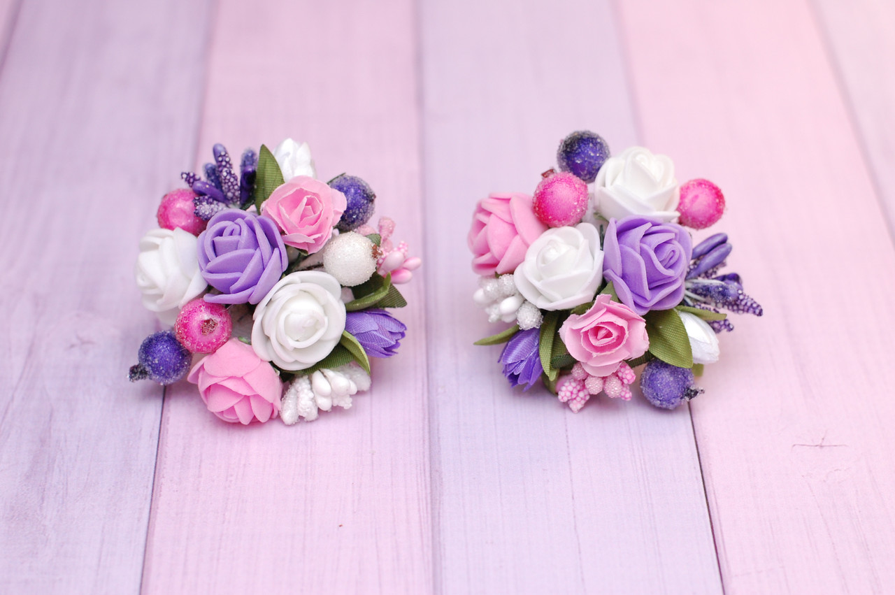 Гумки для волосся дитячі з квітами біло-рожево-фіолетові прикраса подарунок для дівчинки