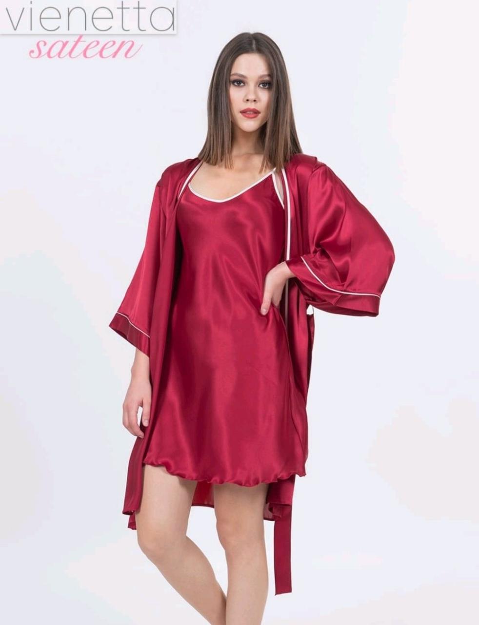 Атласний пеньюар бордового кольору з халатом на запах (S-XL)
