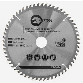 Диск пиляльний по деревині із твердосплавними напайками 210*30*1.5 мм, 60 зубів, 6800 об/хв. INTERTOOL CT-3024