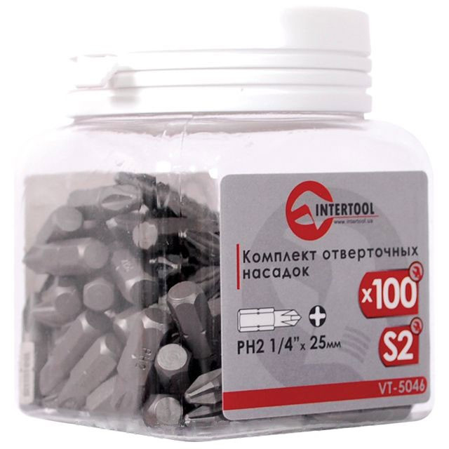 Комплек насадок до викруток PH2 1/4" x 25 мм уп. 100 шт. INTERTOOL VT-5046, фото 1