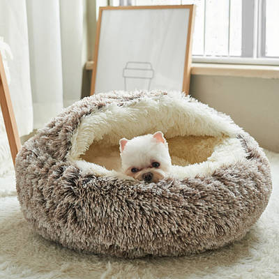 Лежанка пуфик c покривалом для кішок з собак пухнаста глибока ракушка Бежевий 40 см