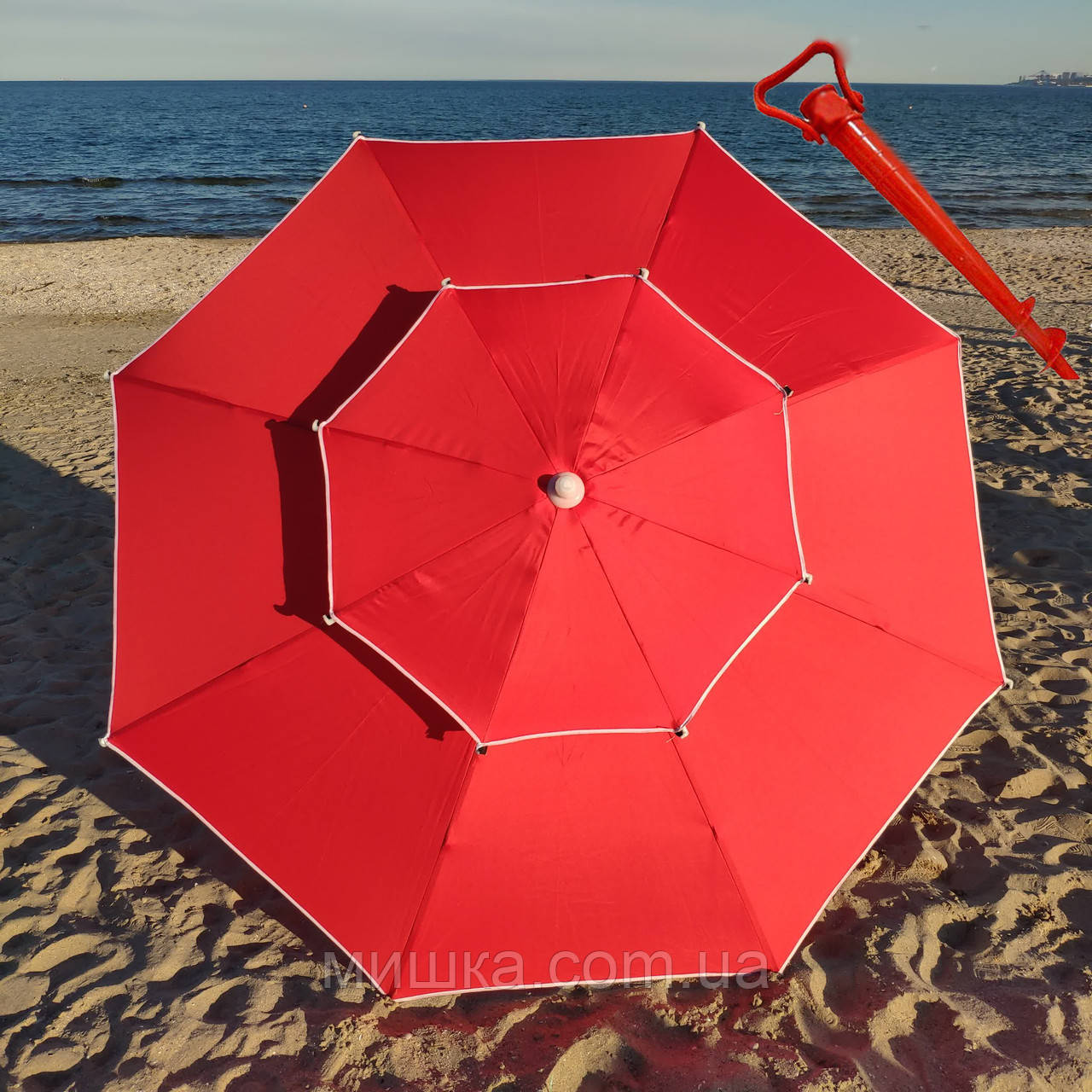 Пляжна міцна парасолька 2.3 м, повітряний клапан, чохол, трубка 32 мм, 8 спиць + БУР у подарунок! Червона