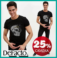Черная мужская футболка Defacto / Дефакто с черепом на груди Nothing